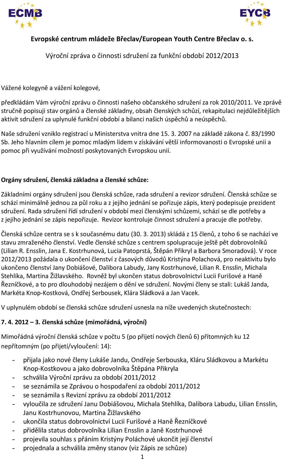 Ve zprávě stručně popisuji stav orgánů a členské základny, obsah členských schůzí, rekapitulaci nejdůležitějších aktivit sdružení za uplynulé funkční období a bilanci našich úspěchů a neúspěchů.