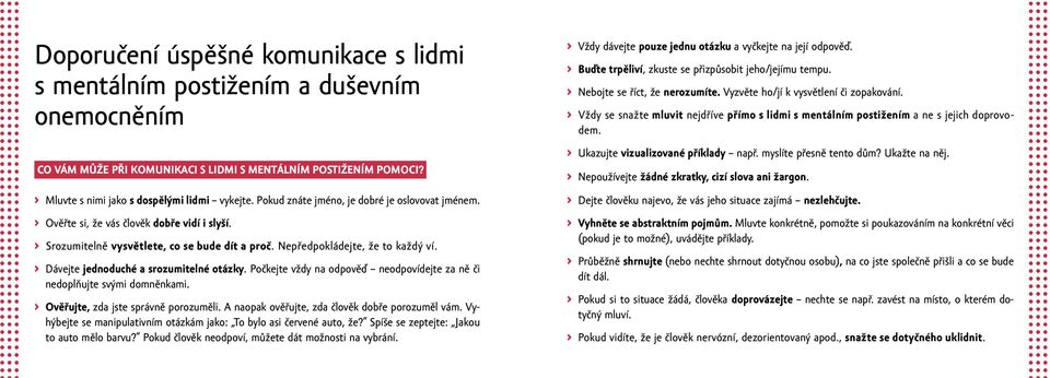Dávejte jednoduché a srozumitelné otázky. Počkejte vždy na odpověď neodpovídejte za ně či nedoplňujte svými domněnkami. ověřujte, zda jste správně porozuměli.