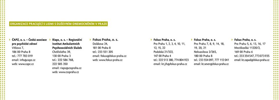 Dolákova 24, 181 00 Praha 8 tel.: 233 551 205 email: fokus@fokus-praha.cz web: www.fokus-praha.cz Fokus Praha, o. s. Pro Prahu 1, 2, 3, 4, 10, 11, 12, 15, 22 Podolská 21/322, 147 00 Praha 4 tel.