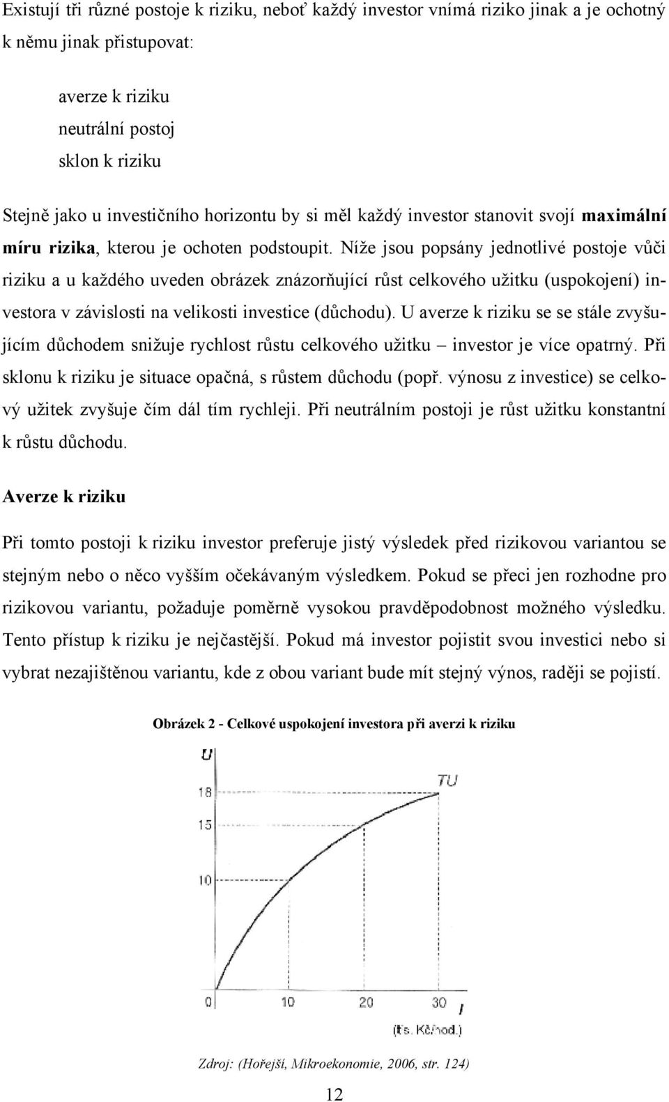 Níže jsou popsány jednotlivé postoje vůči riziku a u každého uveden obrázek znázorňující růst celkového užitku (uspokojení) investora v závislosti na velikosti investice (důchodu).