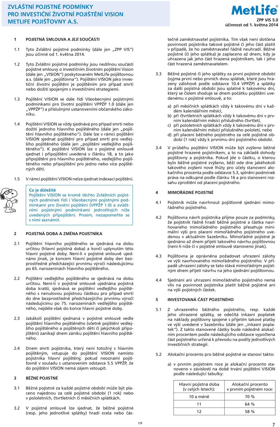 května 2014. 1.2 Tyto Zvláštní pojistné podmínky jsou nedílnou součástí pojistné smlouvy o investičním životním pojištění Vision (dále jen VISION ) poskytovaném MetLife pojišťovnou a.s. (dále jen pojišťovna ).