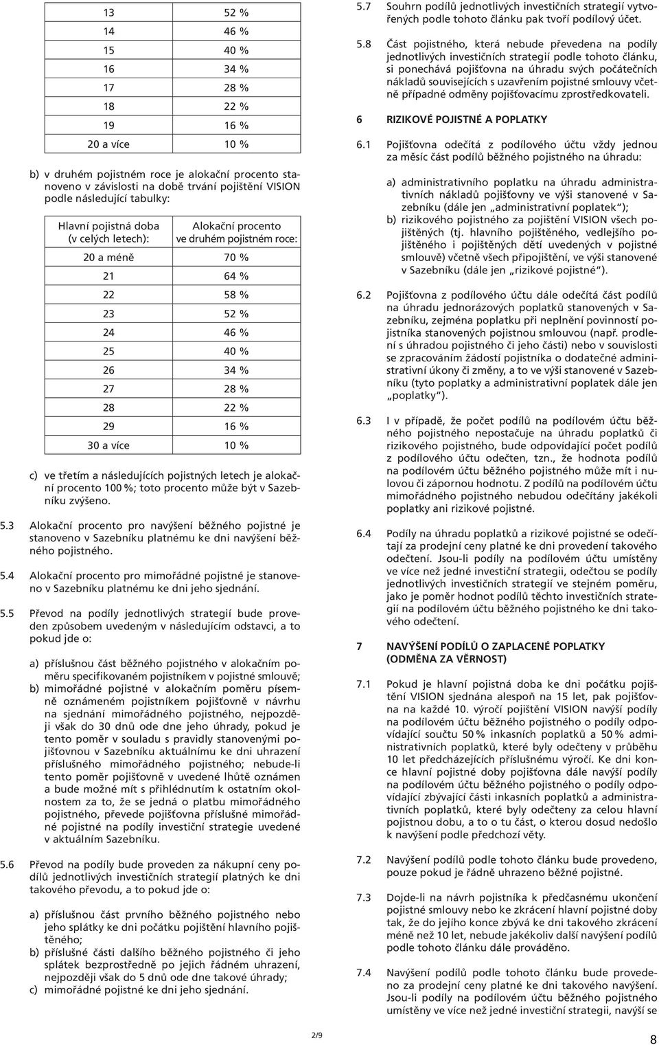 ve třetím a následujících pojistných letech je alokační procento 100 %; toto procento může být v Sazebníku zvýšeno. 5.