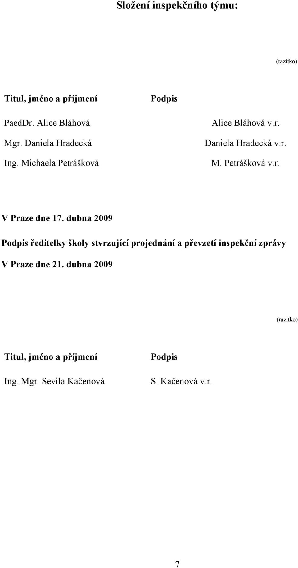 dubna 2009 Podpis ředitelky školy stvrzující projednání a převzetí inspekční zprávy V Praze dne 21.