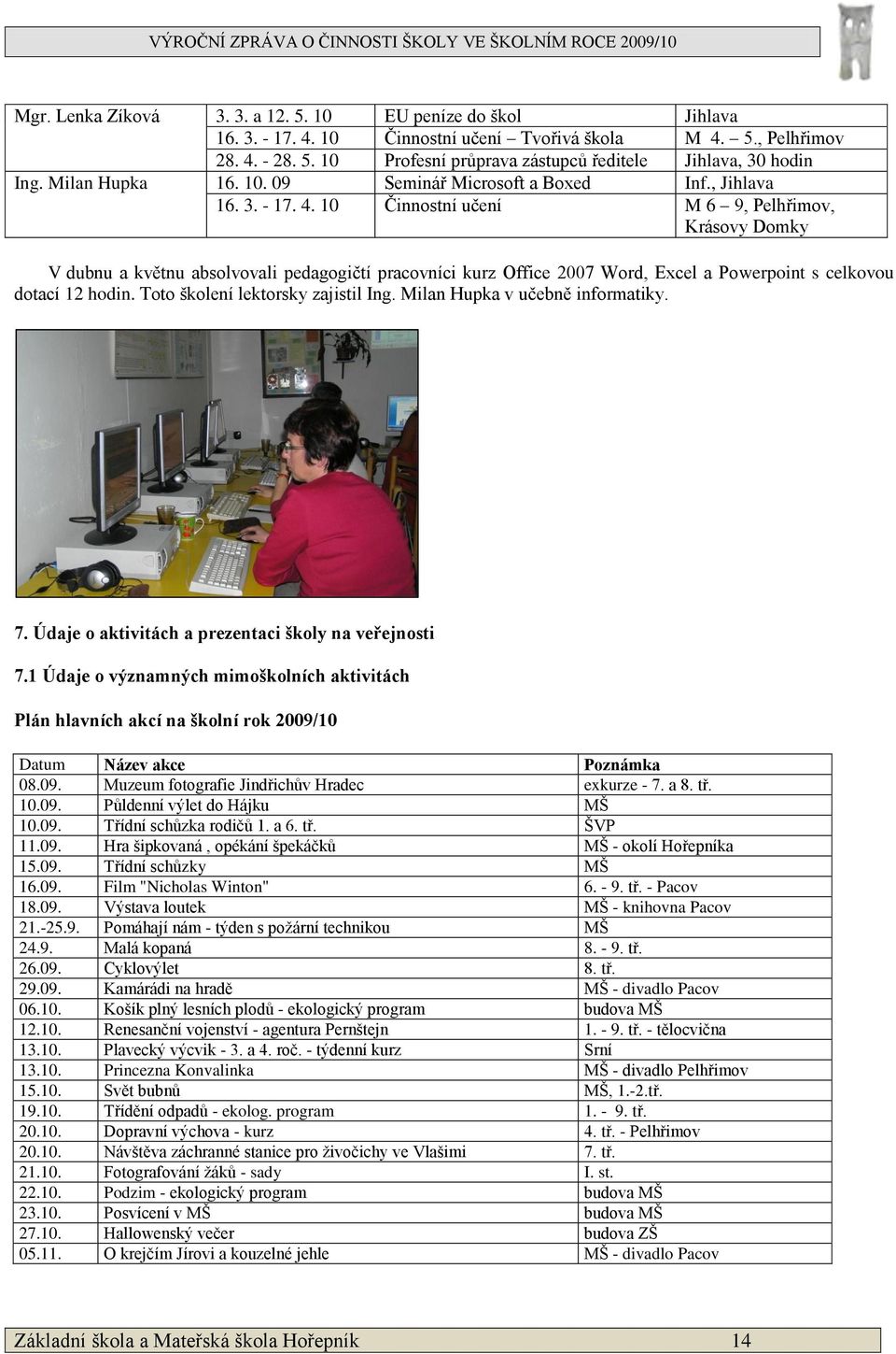 10 Činnostní učení M 6 9, Pelhřimov, Krásovy Domky V dubnu a květnu absolvovali pedagogičtí pracovníci kurz Office 2007 Word, Excel a Powerpoint s celkovou dotací 12 hodin.