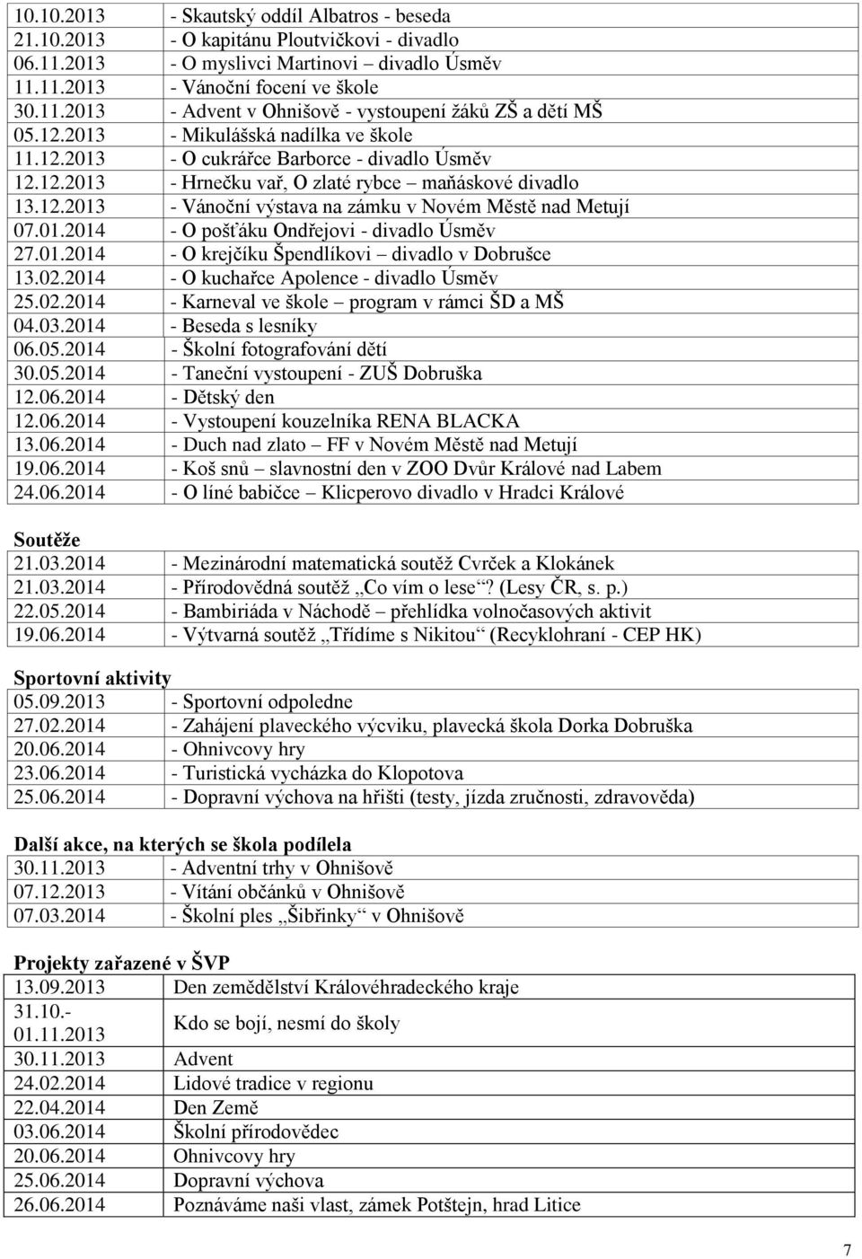 01.2014 - O pošťáku Ondřejovi - divadlo Úsměv 27.01.2014 - O krejčíku Špendlíkovi divadlo v Dobrušce 13.02.2014 - O kuchařce Apolence - divadlo Úsměv 25.02.2014 - Karneval ve škole program v rámci ŠD a MŠ 04.