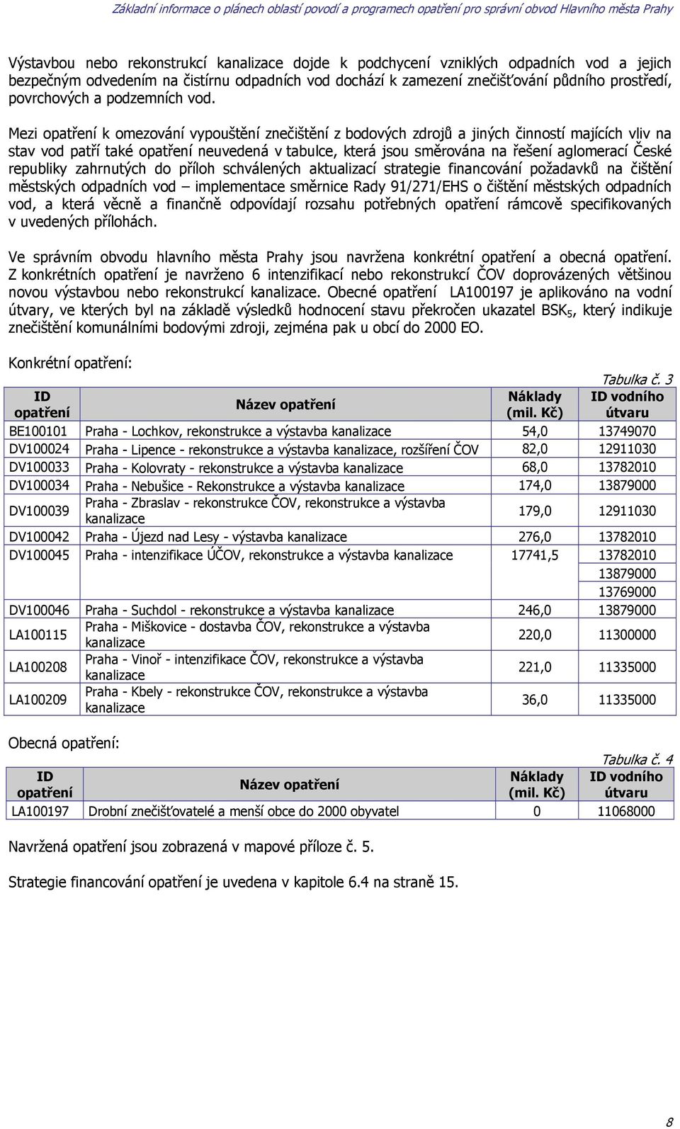 Mezi opatření k omezování vypouštění znečištění z bodových zdrojů a jiných činností majících vliv na stav vod patří také opatření neuvedená v tabulce, která jsou směrována na řešení aglomerací České