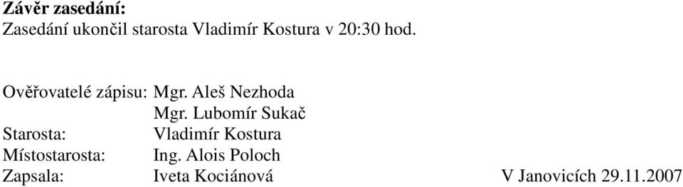 Lubomír Sukač Starosta: Vladimír Kostura Místostarosta: Ing.