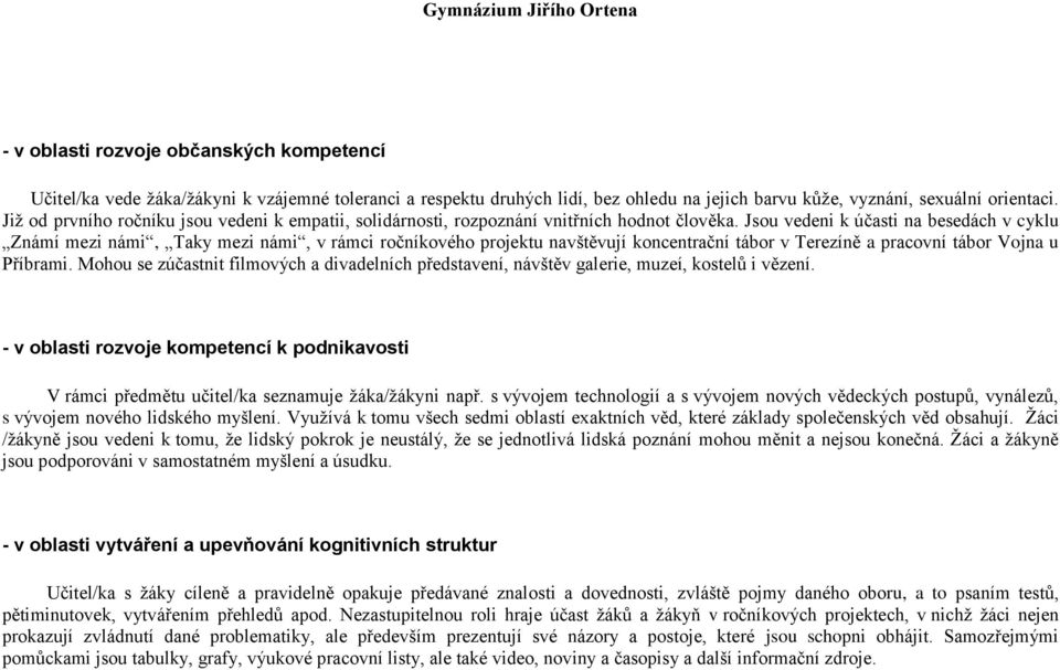 Jsou vedeni k účasti na besedách v cyklu Známí mezi námi, Taky mezi námi, v rámci ročníkového projektu navštěvují koncentrační tábor v Terezíně a pracovní tábor Vojna u Příbrami.