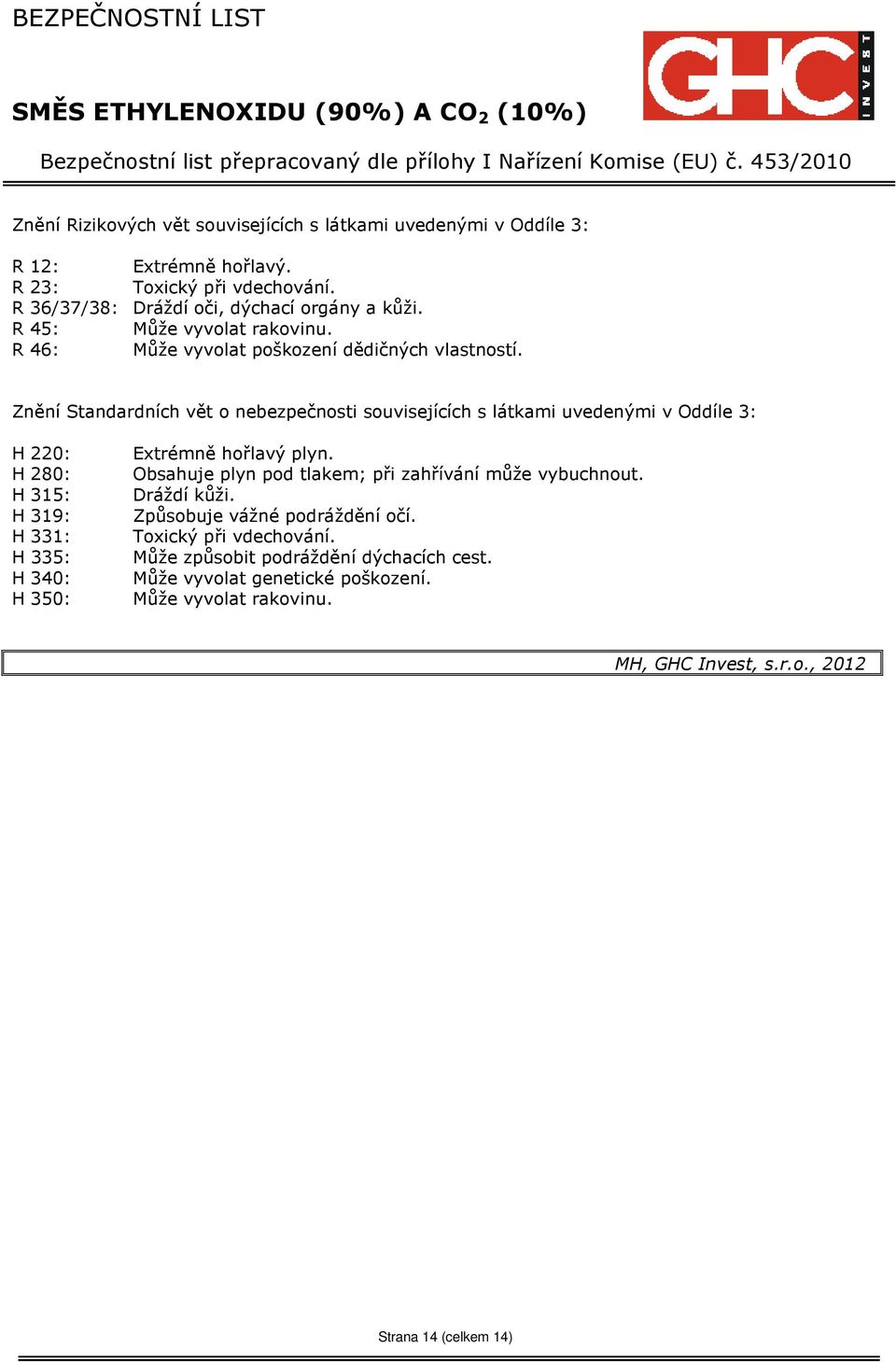 Znění Standardních vět o nebezpečnosti souvisejících s látkami uvedenými v Oddíle 3: H 220: H 280: H 315: H 319: H 331: H 335: H 340: H 350: Extrémně hořlavý plyn.