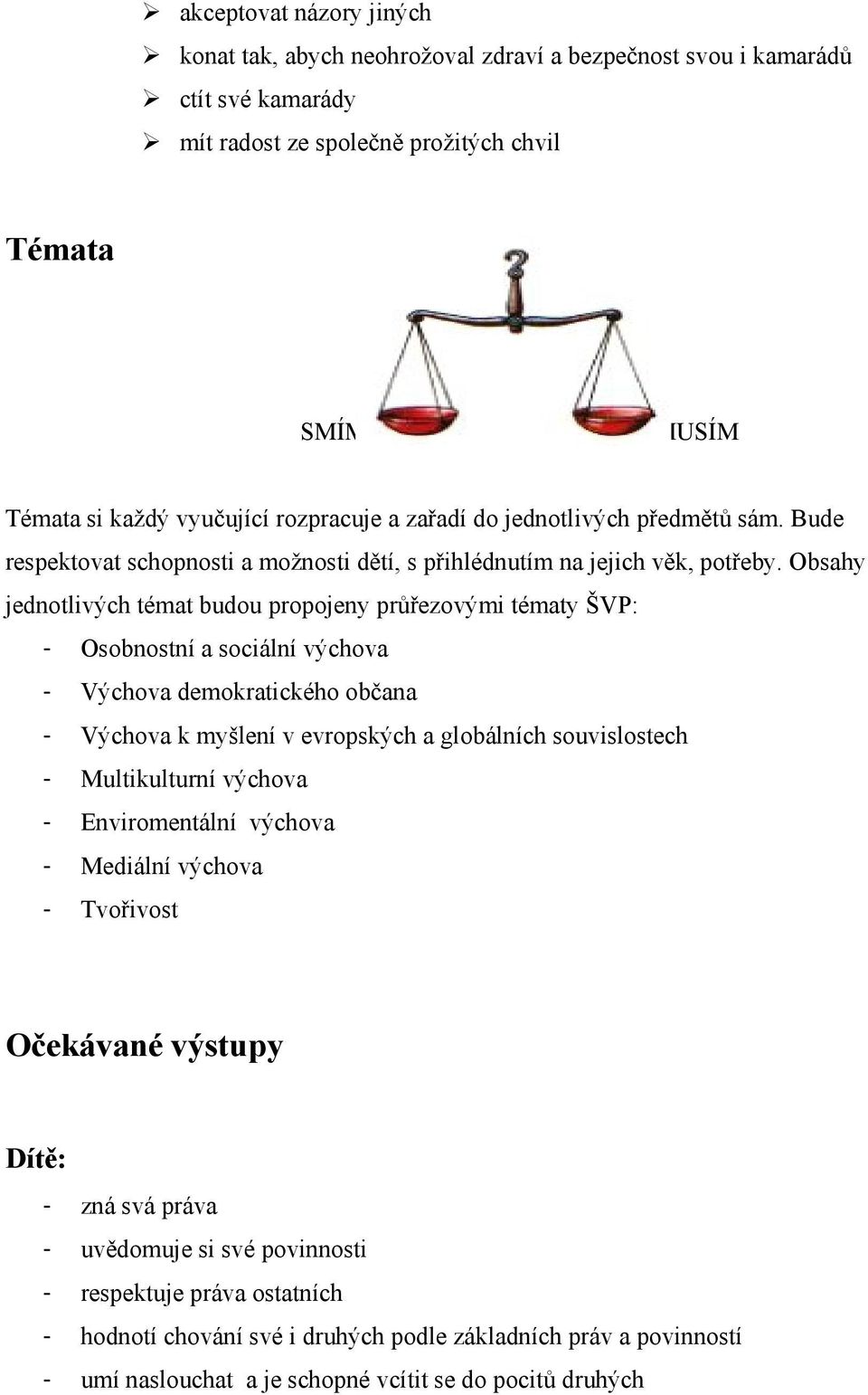 Obsahy jednotlivých témat budou propojeny průřezovými tématy ŠVP: - Osobnostní a sociální výchova - Výchova demokratického občana - Výchova k myšlení v evropských a globálních souvislostech -