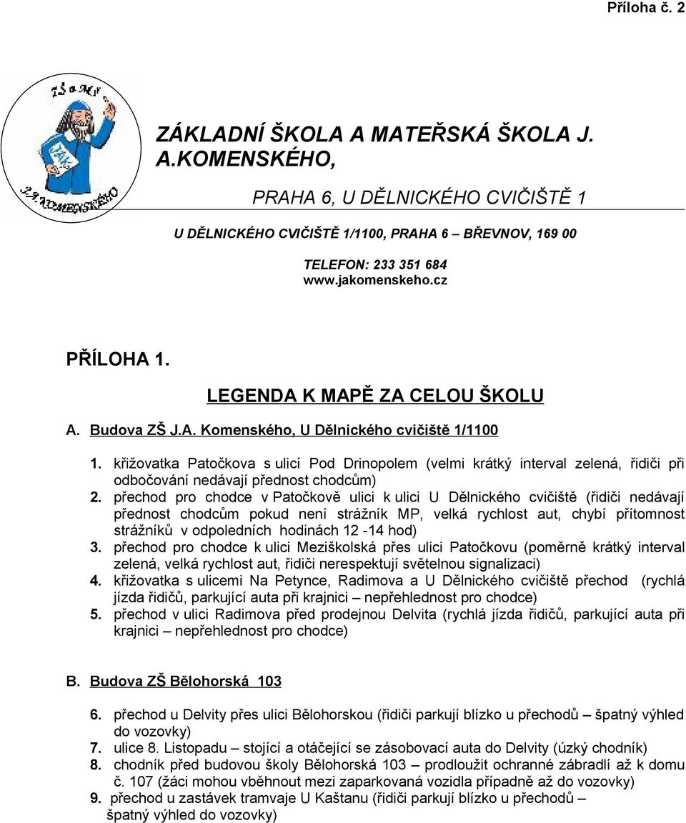 křižovatka Patočkova s ulicí Pod Drinopolem (velmi krátký interval zelená, řidiči při odbočování nedávají přednost chodcům) 2.