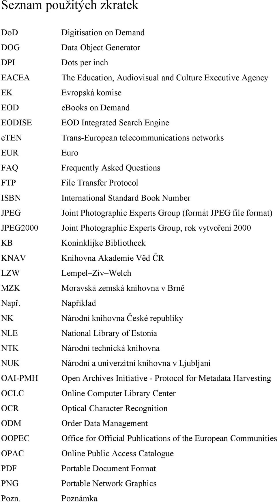 Joint Photographic Experts Group (formát JPEG file format) JPEG2000 Joint Photographic Experts Group, rok vytvoření 2000 KB Koninklijke Bibliotheek KNAV Knihovna Akademie Věd ČR LZW Lempel Ziv Welch