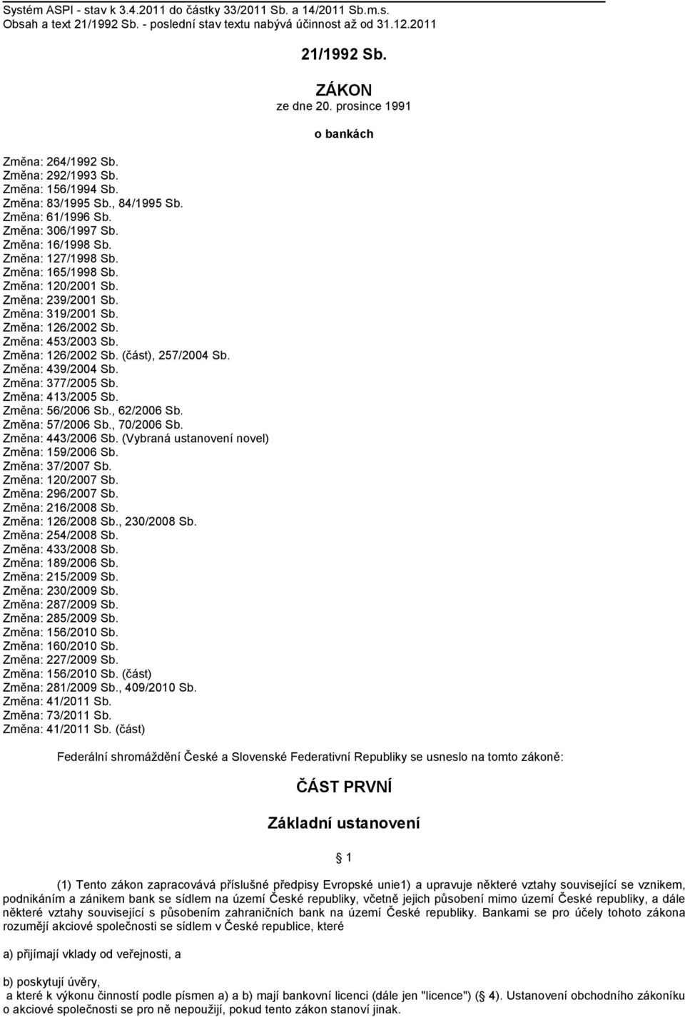 Změna: 319/2001 Sb. Změna: 126/2002 Sb. Změna: 453/2003 Sb. Změna: 126/2002 Sb. (část), 257/2004 Sb. Změna: 439/2004 Sb. Změna: 377/2005 Sb. Změna: 413/2005 Sb. Změna: 56/2006 Sb., 62/2006 Sb.