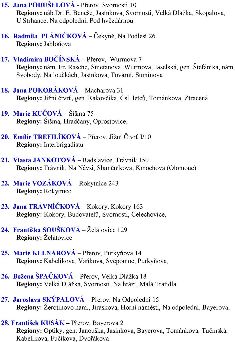 Svobody, Na loučkách, Jasínkova, Tovární, Sumínova 18. Jana POKORÁKOVÁ Macharova 31 Regiony: Jižní čtvrť, gen. Rakovčíka, Čsl. letců, Tománkova, Ztracená 19.