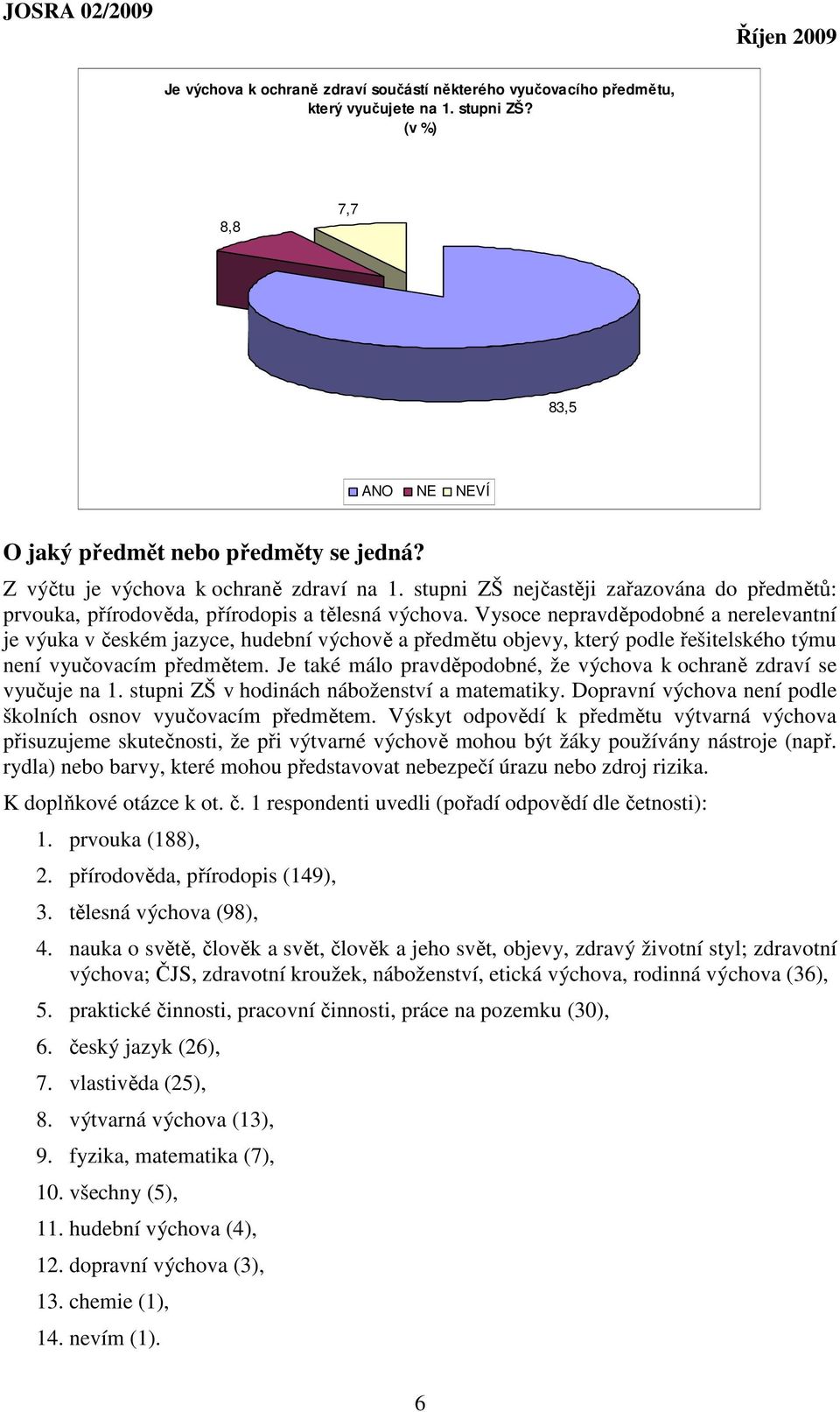 Vysoce nepravděpodobné a nerelevantní je výuka v českém jazyce, hudební výchově a předmětu objevy, který podle řešitelského týmu není vyučovacím předmětem.