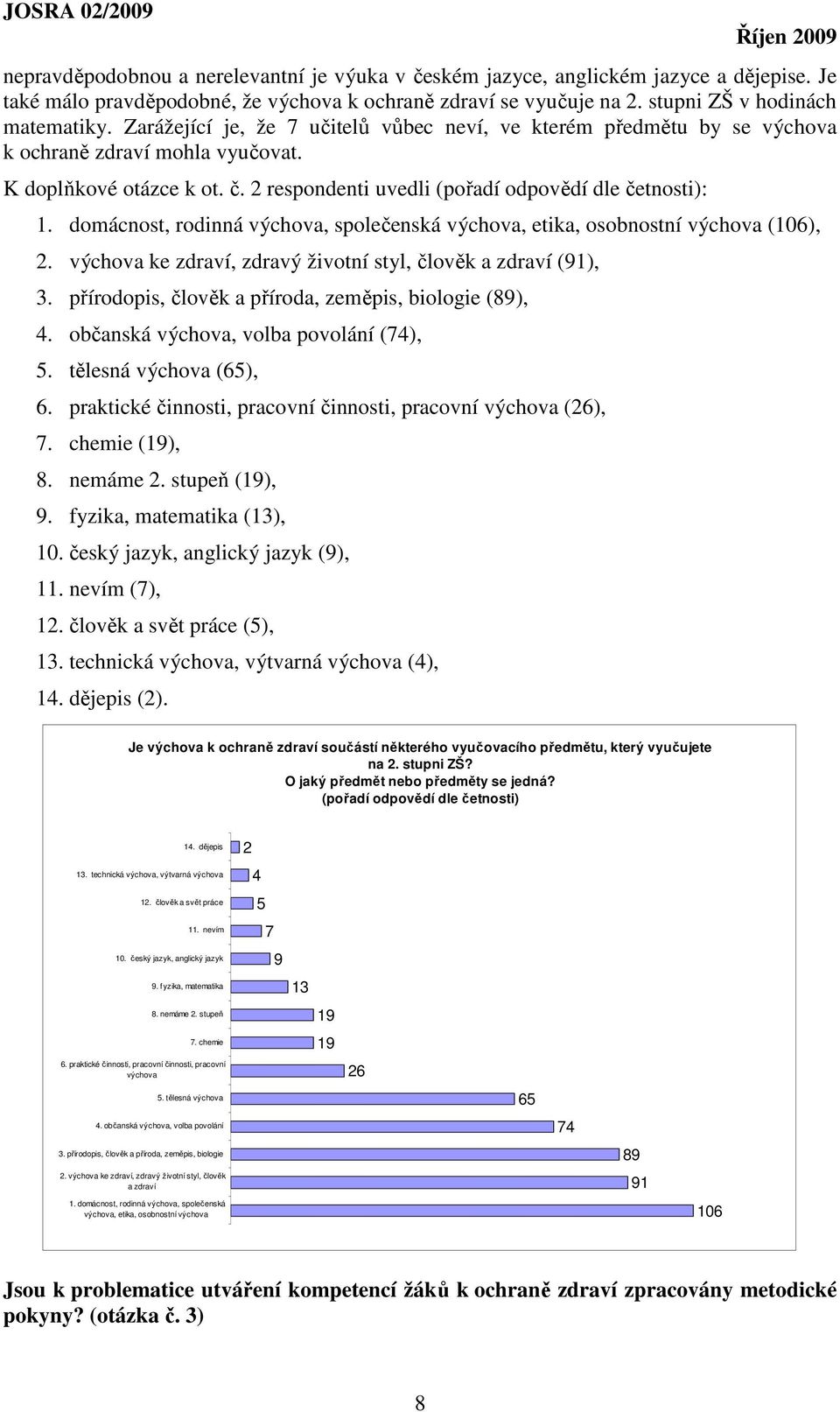 domácnost, rodinná výchova, společenská výchova, etika, osobnostní výchova (106), 2. výchova ke zdraví, zdravý životní styl, člověk a zdraví (91), 3.