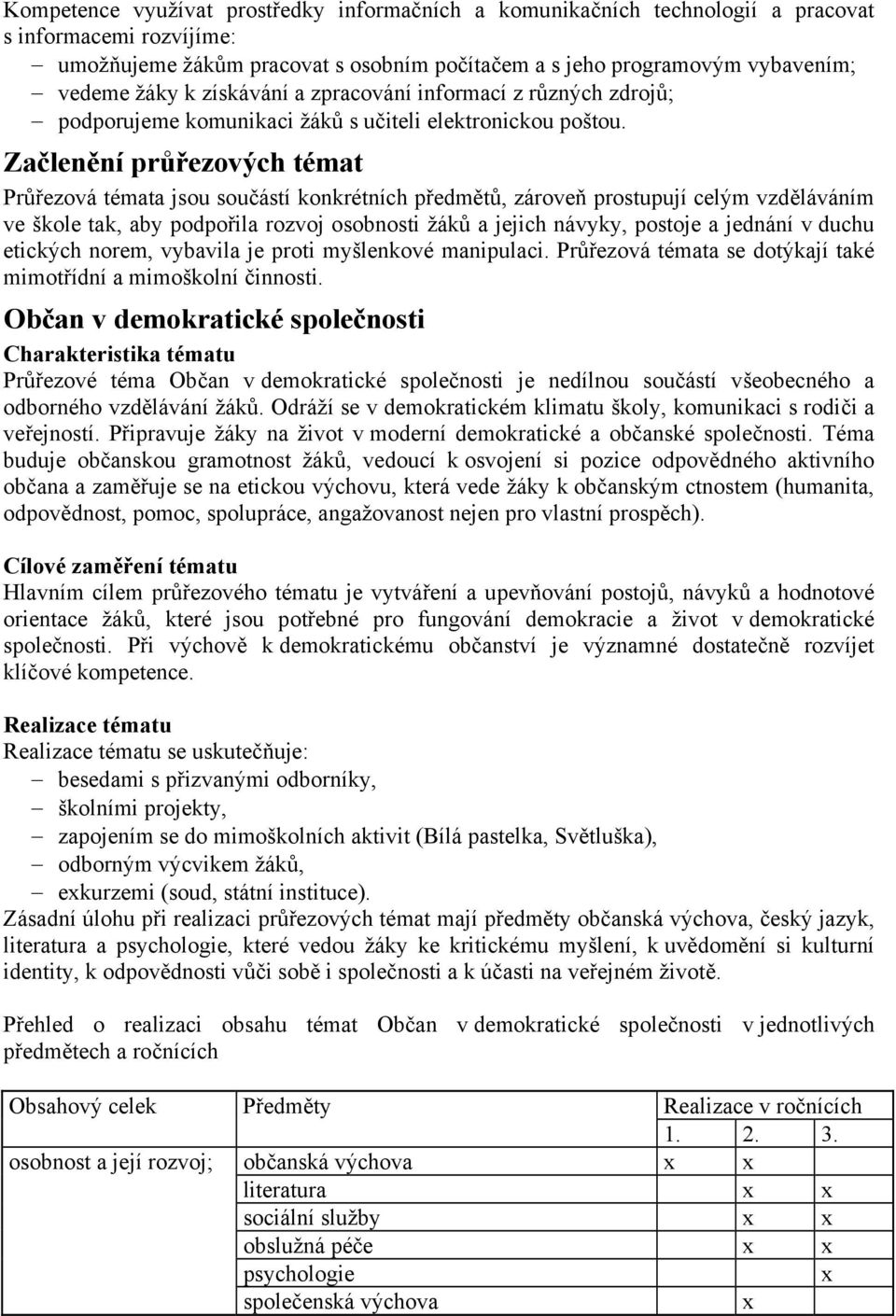 Začlenění průřezových témat Průřezová témata jsou součástí konkrétních předmětů, zároveň prostupují celým vzděláváním ve škole tak, aby podpořila rozvoj osobnosti žáků a jejich návyky, postoje a