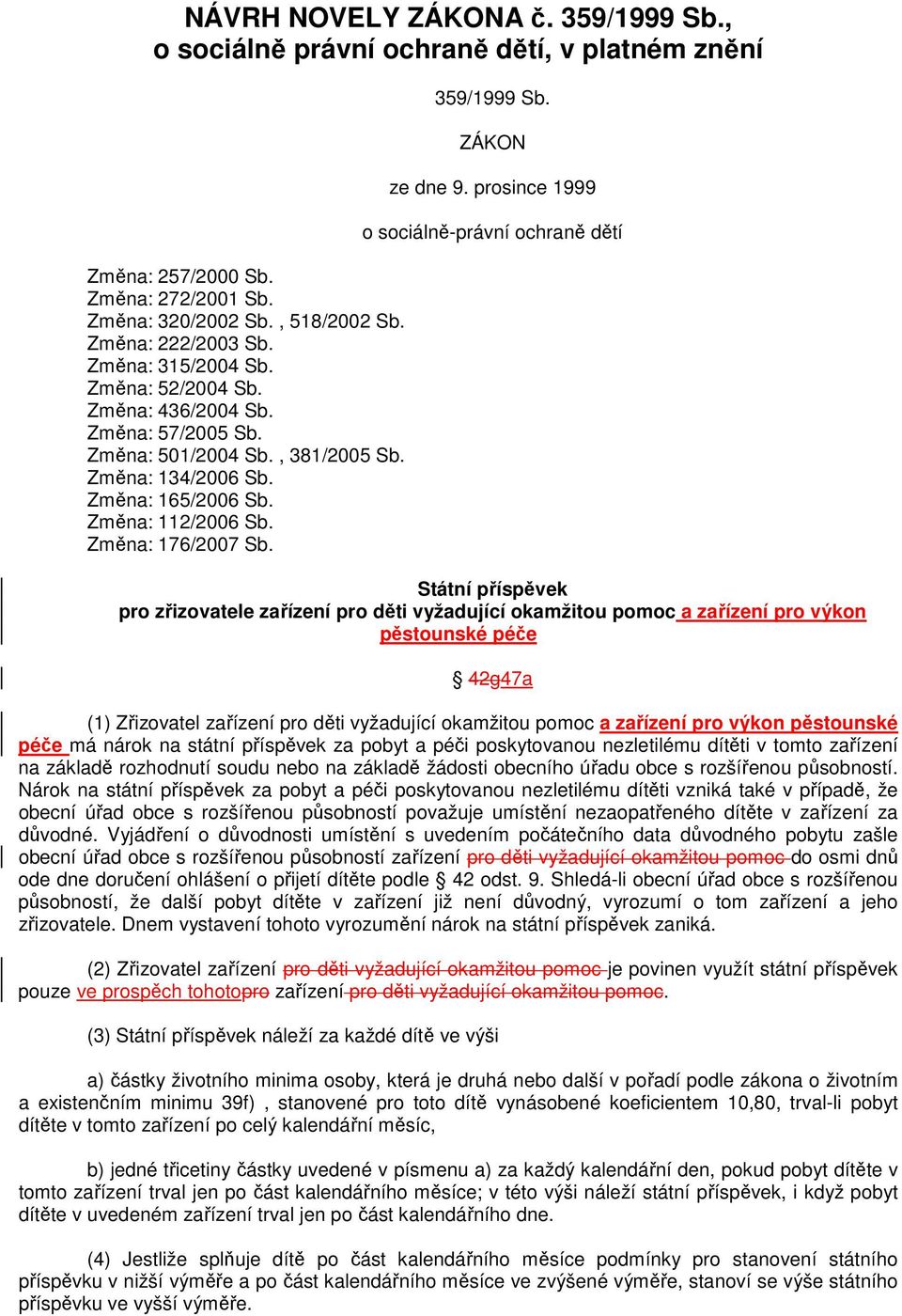prosince 1999 o sociálně-právní ochraně dětí Státní příspěvek pro zřizovatele zařízení pro děti vyžadující okamžitou pomoc a zařízení pro výkon pěstounské péče 42g47a (1) Zřizovatel zařízení pro děti