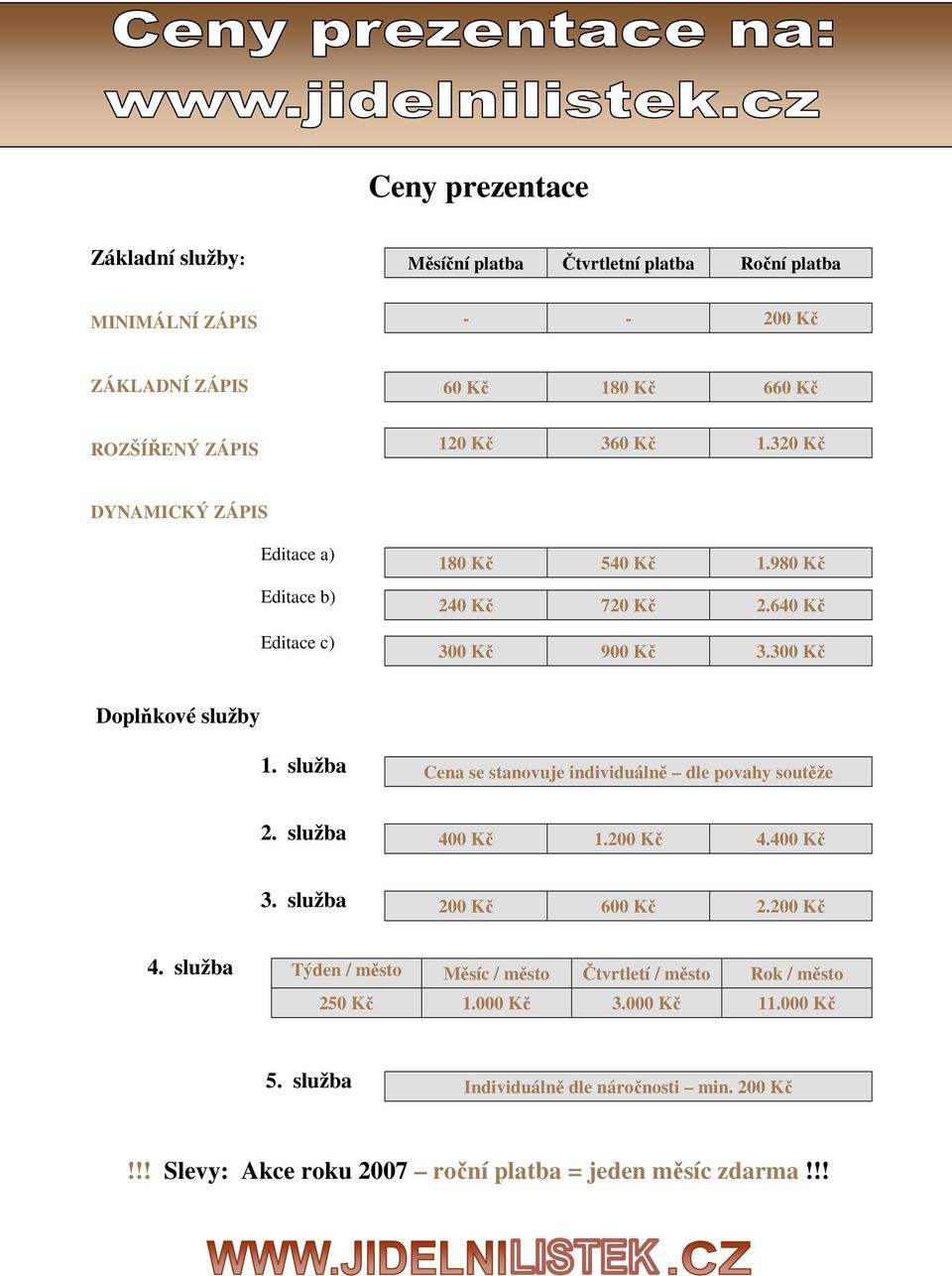 služba Cena se stanovuje individuálně dle povahy soutěže 2. služba 400 Kč 1.200 Kč 4.400 Kč 3. služba 200 Kč 600 Kč 2.200 Kč 4. služba Týden / město Měsíc / město Čtvrtletí / město Rok / město 250 Kč 1.