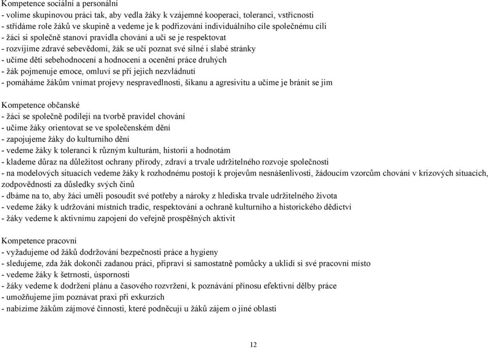 hodnocení a ocenění práce druhých - žák pojmenuje emoce, omluví se při jejich nezvládnutí - pomáháme žákům vnímat projevy nespravedlnosti, šikanu a agresivitu a učíme je bránit se jim Kompetence