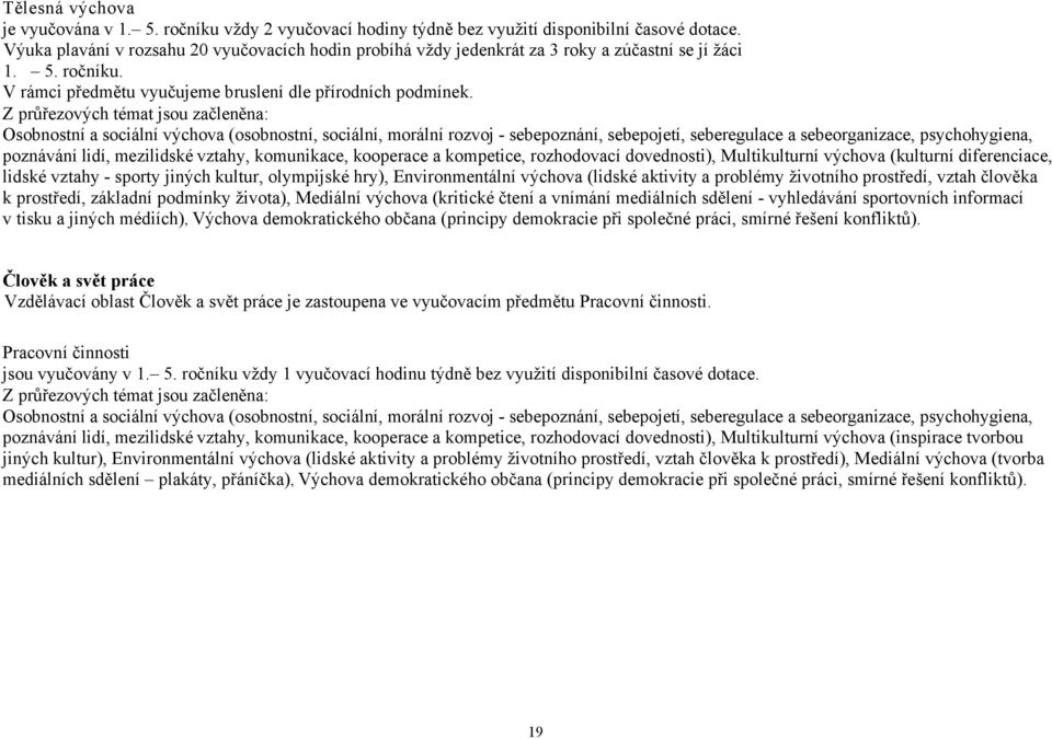 Z průřezových témat jsou začleněna: Osobnostní a sociální výchova (osobnostní, sociální, morální rozvoj - sebepoznání, sebepojetí, seberegulace a sebeorganizace, psychohygiena, poznávání lidí,