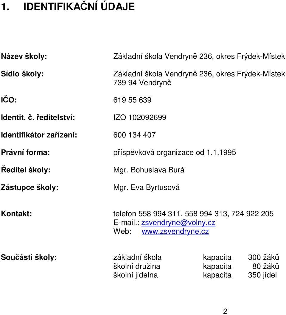 1.1995 Ředitel školy: Mgr. Bohuslava Burá Zástupce školy: Mgr. Eva Byrtusová Kontakt: telefon 558 994 311, 558 994 313, 724 922 205 E-mail.