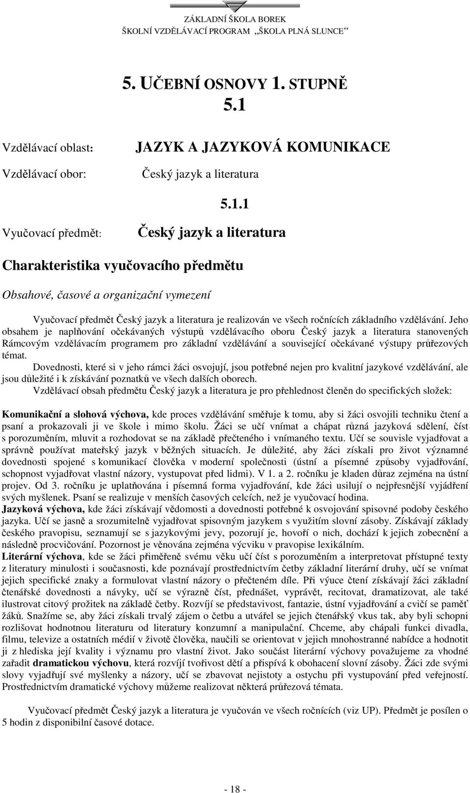 Vzdělávací oblast: Vzdělávací obor: JAZYK A JAZYKOVÁ KOMUNIKACE Český jazyk a literatura 5.1.