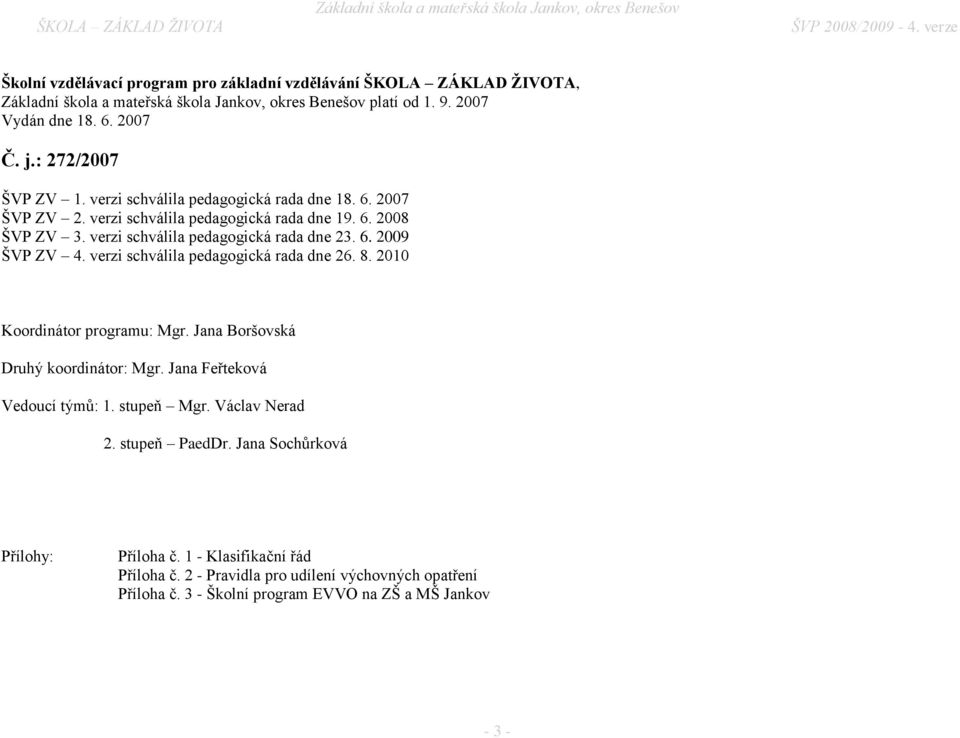 6. 2009 ŠVP ZV 4. verzi schválila pedagogická rada dne 26. 8. 2010 Koordinátor programu: Mgr. Jana Boršovská Druhý koordinátor: Mgr. Jana Feřteková Vedoucí týmů: 1. stupeň Mgr. Václav Nerad 2.