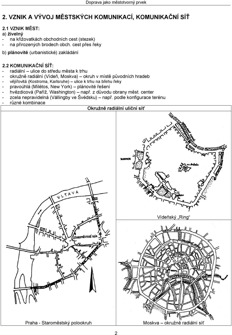 2 KOMUNIKAČNÍ SÍŤ: - radiální ulice do středu města k trhu - okružně radiální (Vídeň, Moskva) okruh v místě původních hradeb - vějířovitá (Kostroma, Karlsruhe) ulice k trhu na břehu