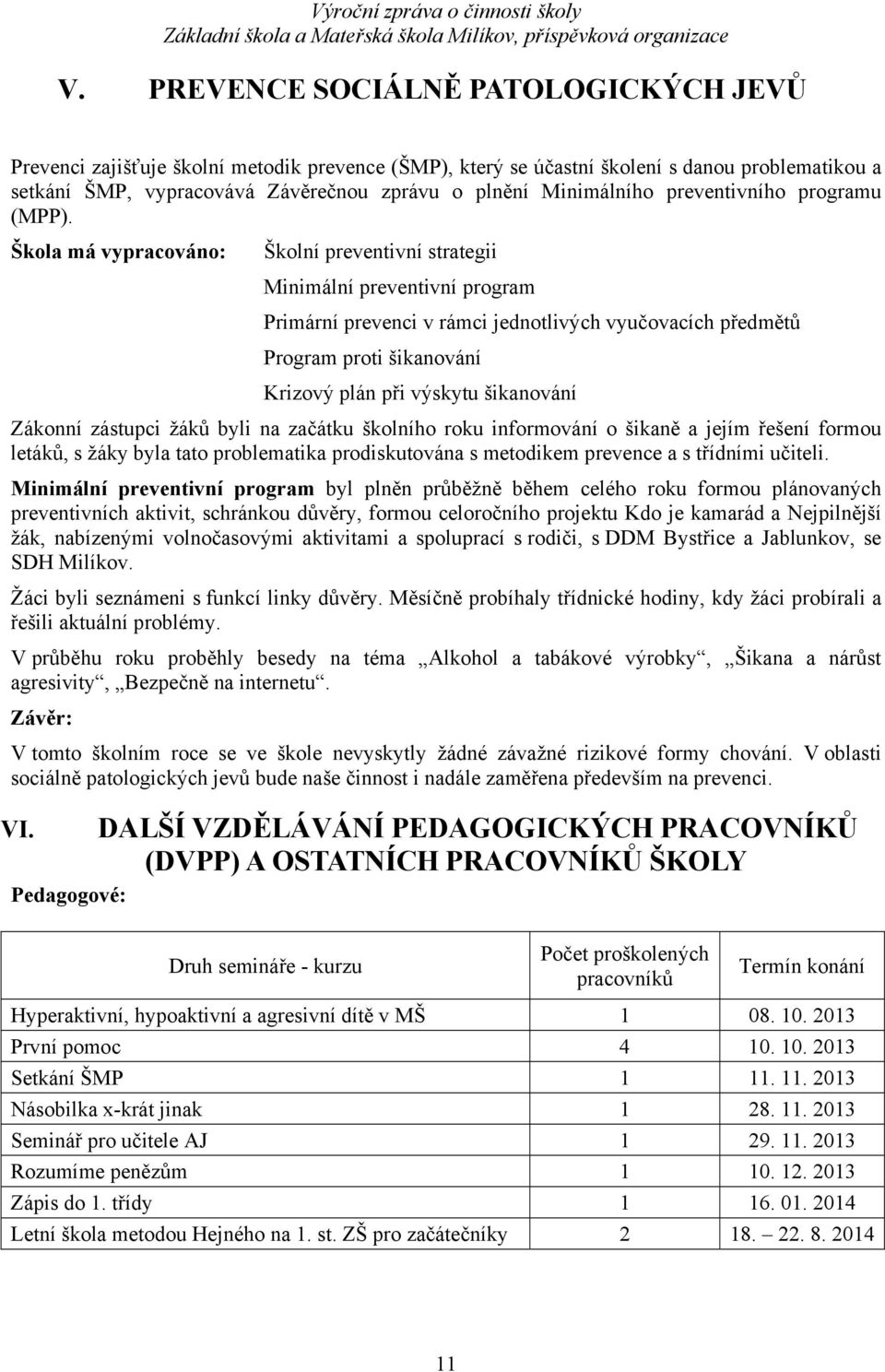 Škola má vypracováno: Školní preventivní strategii Minimální preventivní program Primární prevenci v rámci jednotlivých vyučovacích předmětů Program proti šikanování Krizový plán při výskytu