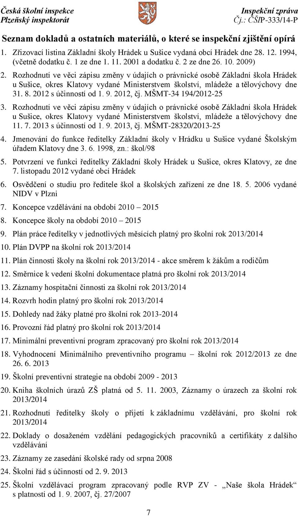 Rozhodnutí ve věci zápisu změny v údajích o právnické osobě Základní škola Hrádek u Sušice, okres Klatovy vydané Ministerstvem školství, mládeže a tělovýchovy dne 31. 8. 2012 s účinností od 1. 9.