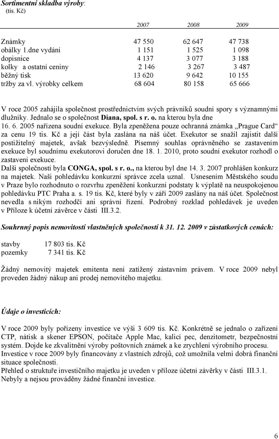 výrobky celkem 68 604 80 158 65 666 V roce 2005 zahájila společnost prostřednictvím svých právníků soudní spory s významnými dlužníky. Jednalo se o společnost Diana, spol. s r. o. na kterou byla dne 16.