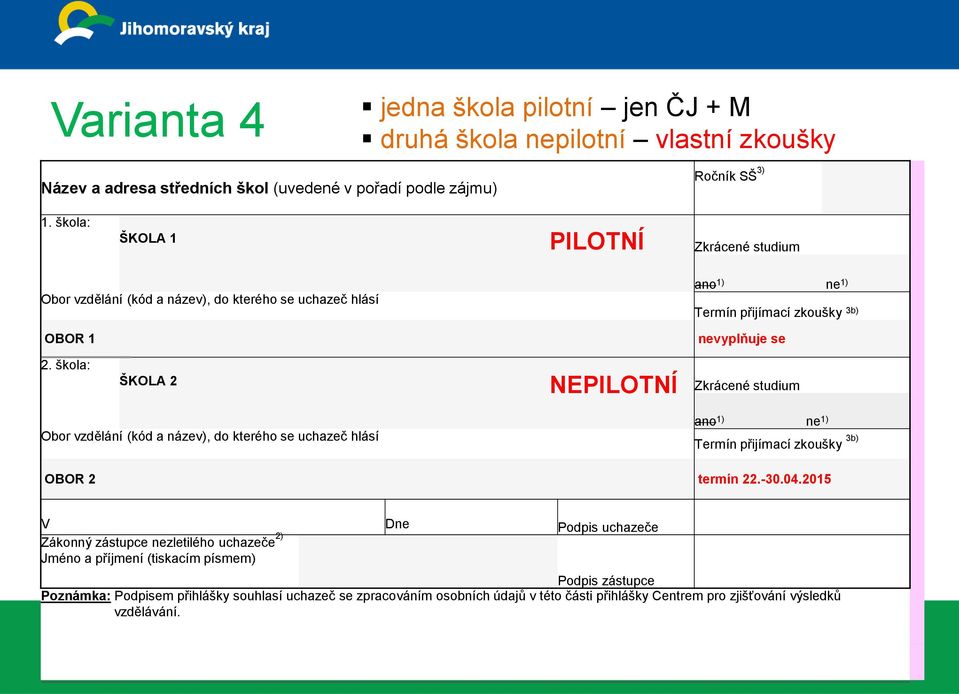 škola: ŠKOLA 2 NEPILOTNÍ Zkrácené studium Obor vzdělání (kód a název), do kterého se uchazeč hlásí Termín přijímací zkoušky 3b) OBOR 2 termín 22.-30.04.