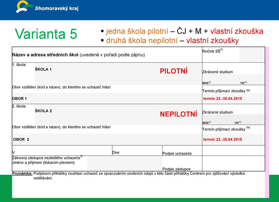 škola: ŠKOLA 2 Obor vzdělání (kód a název), do kterého se uchazeč hlásí NEPILOTNÍ Zkrácené studium Termín přijímací zkoušky 3b) OBOR 2 termín 22.-30.04.