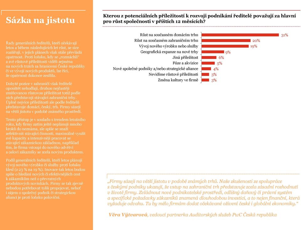 Proti loňsku, kdy se rozmáchli a své růstové příležitosti viděli zejména na nových trzích za hranicemi České republiky či ve vývoji nových produktů, lze říci, že opatrnost dokonce zesílila.