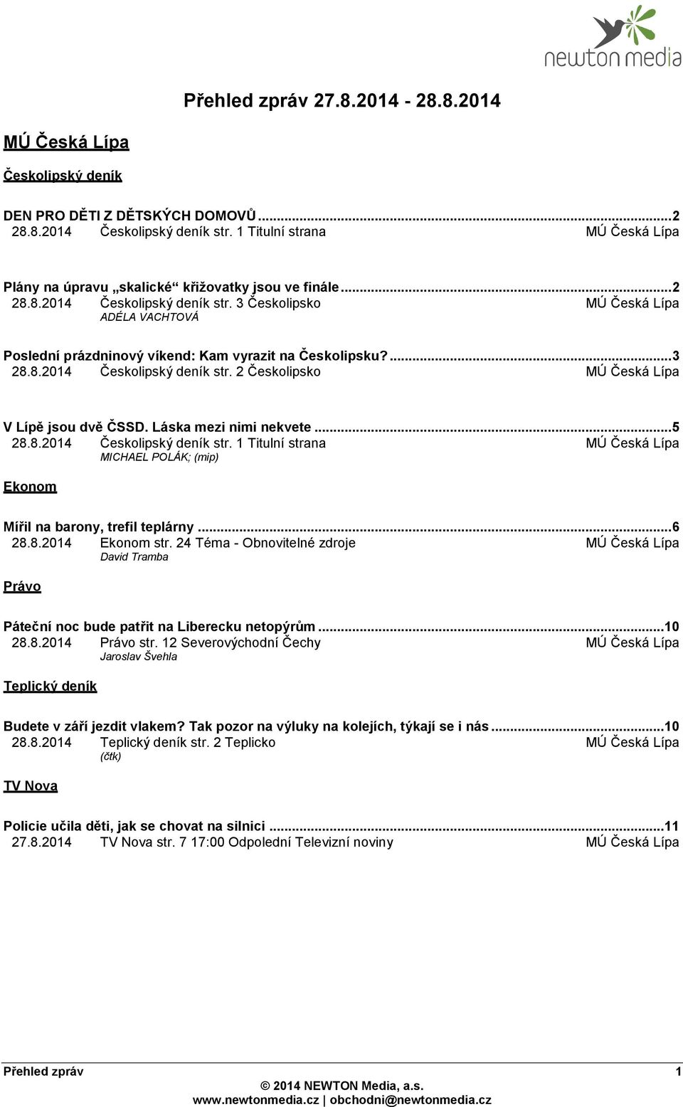3 Českolipsko MÚ Česká Lípa ADÉLA VACHTOVÁ Poslední prázdninový víkend: Kam vyrazit na Českolipsku?... 3 28.8.2014 Českolipský deník str. 2 Českolipsko MÚ Česká Lípa V Lípě jsou dvě ČSSD.