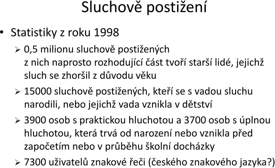 nebo jejichž vada vznikla v dětství 3900 osob s praktickou hluchotou a 3700 osob s úplnou hluchotou, která trvá od