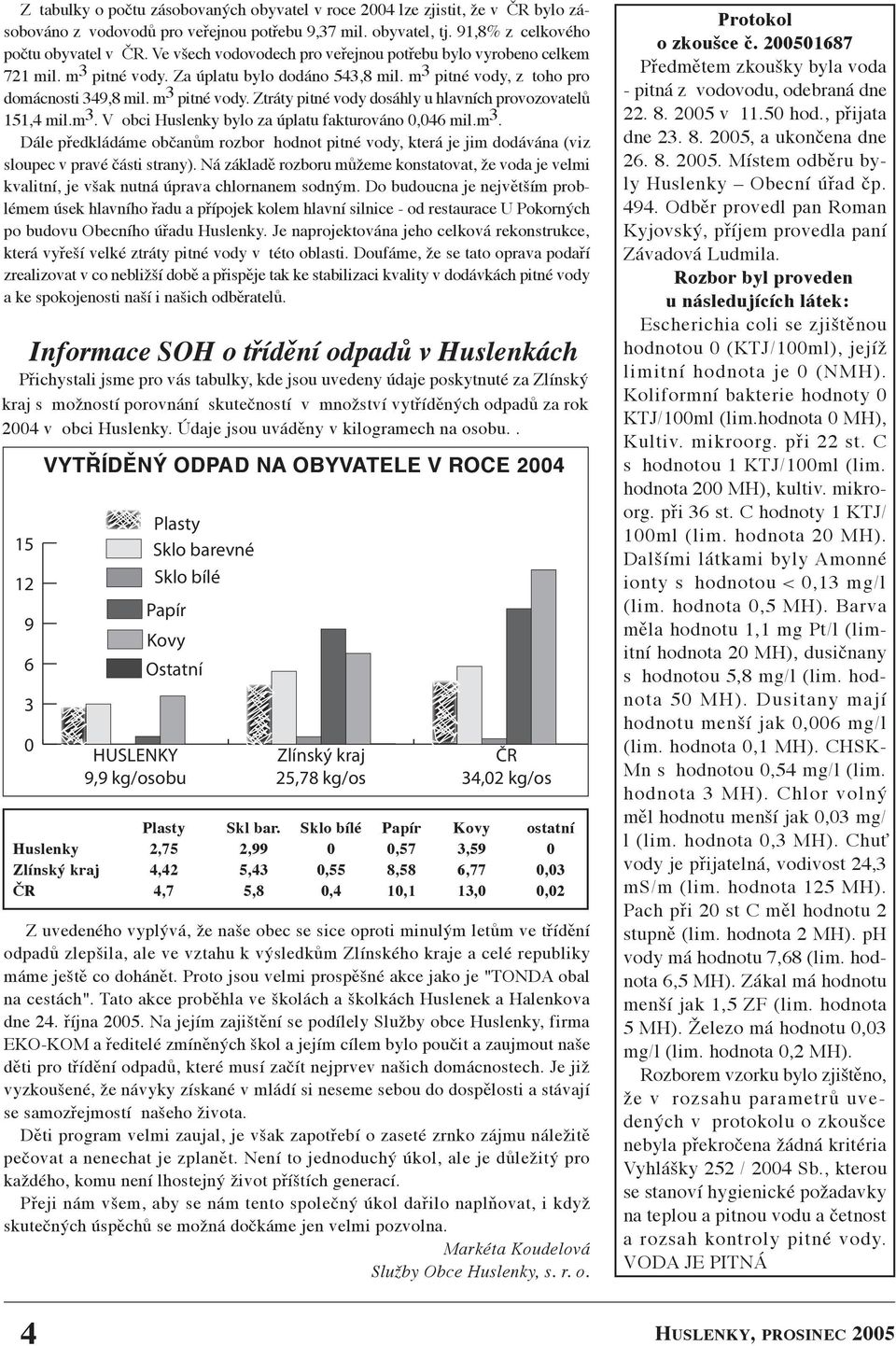 m 3. V obci Huslenky bylo za úplatu fakturováno 0,046 mil.m 3. Dále předkládáme občanům rozbor hodnot pitné vody, která je jim dodávána (viz sloupec v pravé části strany).