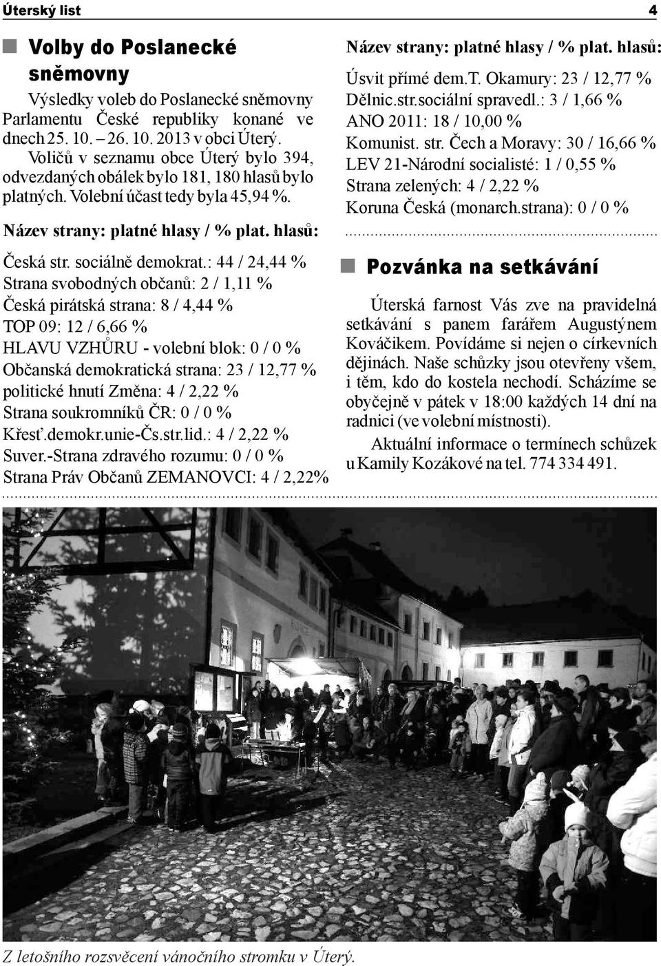 : 44 / 24,44 % Strana svobodných občanů: 2 / 1,11 % Česká pirátská strana: 8 / 4,44 % TOP 09: 12 / 6,66 % HLAVU VZHŮRU - volební blok: 0 / 0 % Občanská demokratická strana: 23 / 12,77 % politické