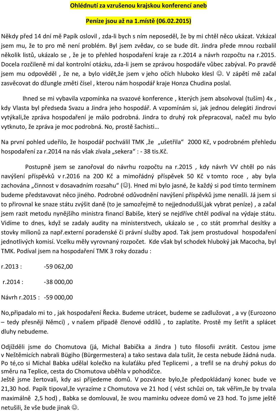 2015. Docela rozčileně mi dal kontrolní otázku, zda-li jsem se zprávou hospodáře vůbec zabýval. Po pravdě jsem mu odpověděl, že ne, a bylo vidět,že jsem v jeho očích hluboko klesl.