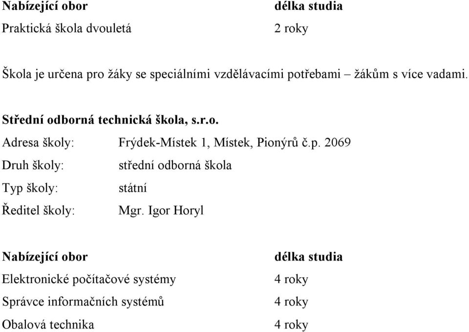 p. 2069 Druh školy: střední odborná škola Ředitel školy: Mgr.