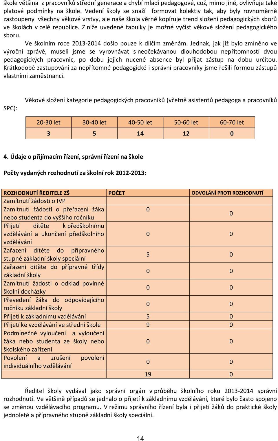 Z níže uvedené tabulky je možné vyčíst věkové složení pedagogického sboru. Ve školním roce 2013-2014 došlo pouze k dílčím změnám.