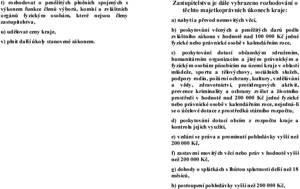 Zastupitelstvu je dále vyhrazeno rozhodování o těchto majetkoprávních úkonech kraje: a) nabytí a převod nemovitých v ěcí, b) poskytování věcných a peněžitých darů podle zvláštního zákona v hodnotě