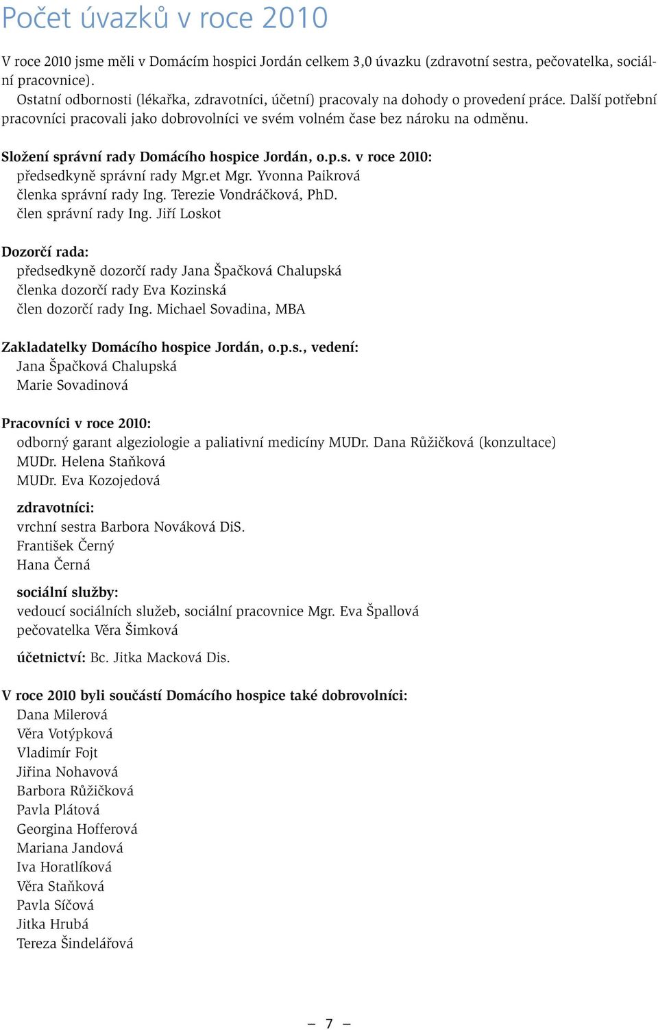 Složení správní rady Domácího hospice Jordán, o.p.s. v roce 2010: předsedkyně správní rady Mgr.et Mgr. Yvonna Paikrová členka správní rady Ing. Terezie Vondráčková, PhD. člen správní rady Ing.