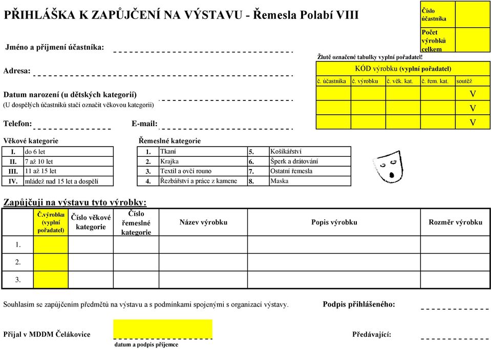 Košíkářtví Šperk a drátování Otatní řemela Maka Počet výrobků celkem Žlutě označené tabulky vyplní pořadatel! KÓD výrobku (vyplní pořadatel) č. účatníka č. výrobku č. věk. kat.