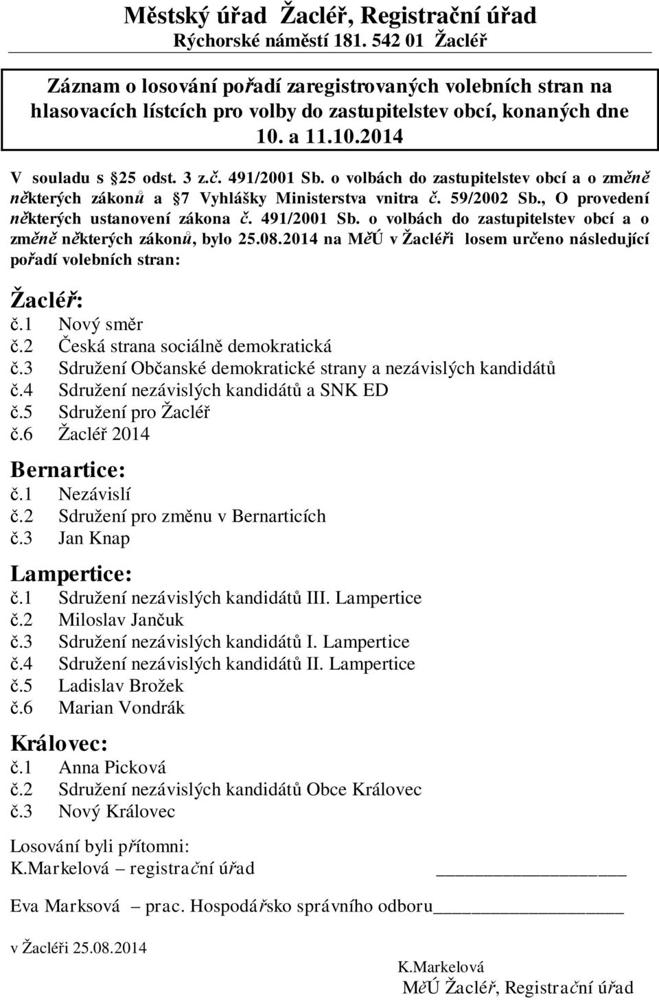 08.2014 na M Ú v Žaclé i losem ur eno následující po adí volebních stran: Žaclé :.1 Nový sm r.2 eská strana sociáln demokratická.3 Sdružení Ob anské demokratické strany a nezávislých kandidát.