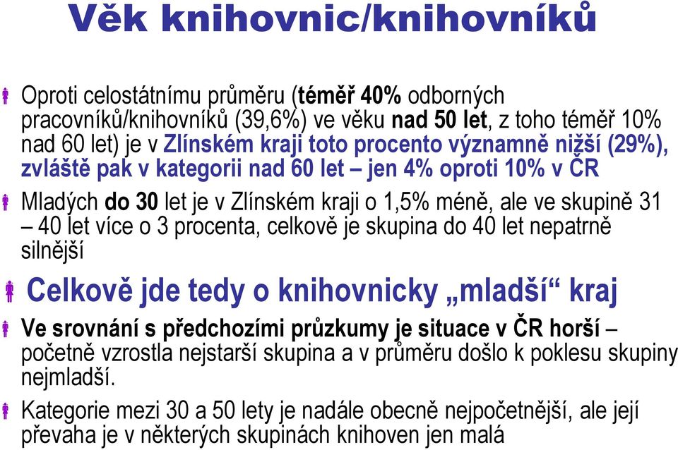 procenta, celkově je skupina do 40 let nepatrně silnější Celkově jde tedy o knihovnicky mladší kraj Ve srovnání s předchozími průzkumy je situace v ČR horší početně vzrostla