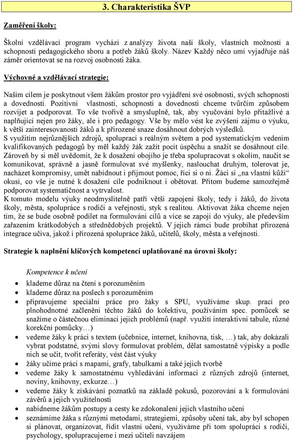 Výchovné a vzdělávací strategie: Naším cílem je poskytnout všem žákům prostor pro vyjádření své osobnosti, svých schopností a dovedností.