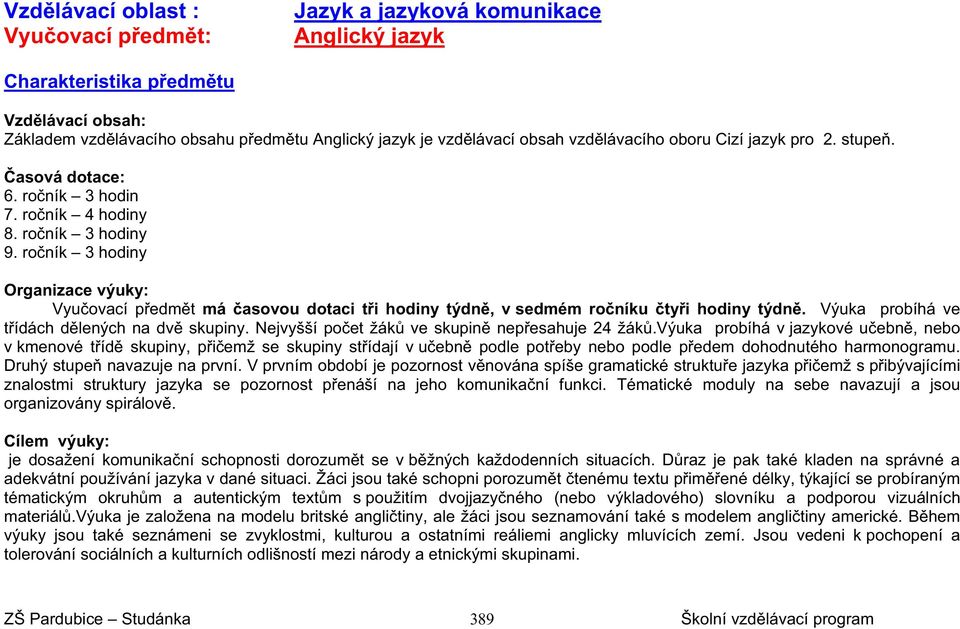 roník 3 hodiny Organizace výuky: Vyuovací pedmt má asovou dotaci ti hodiny týdn, v sedmém roníku tyi hodiny týdn. Výuka probíhá ve tídách dlených na dv skupiny.