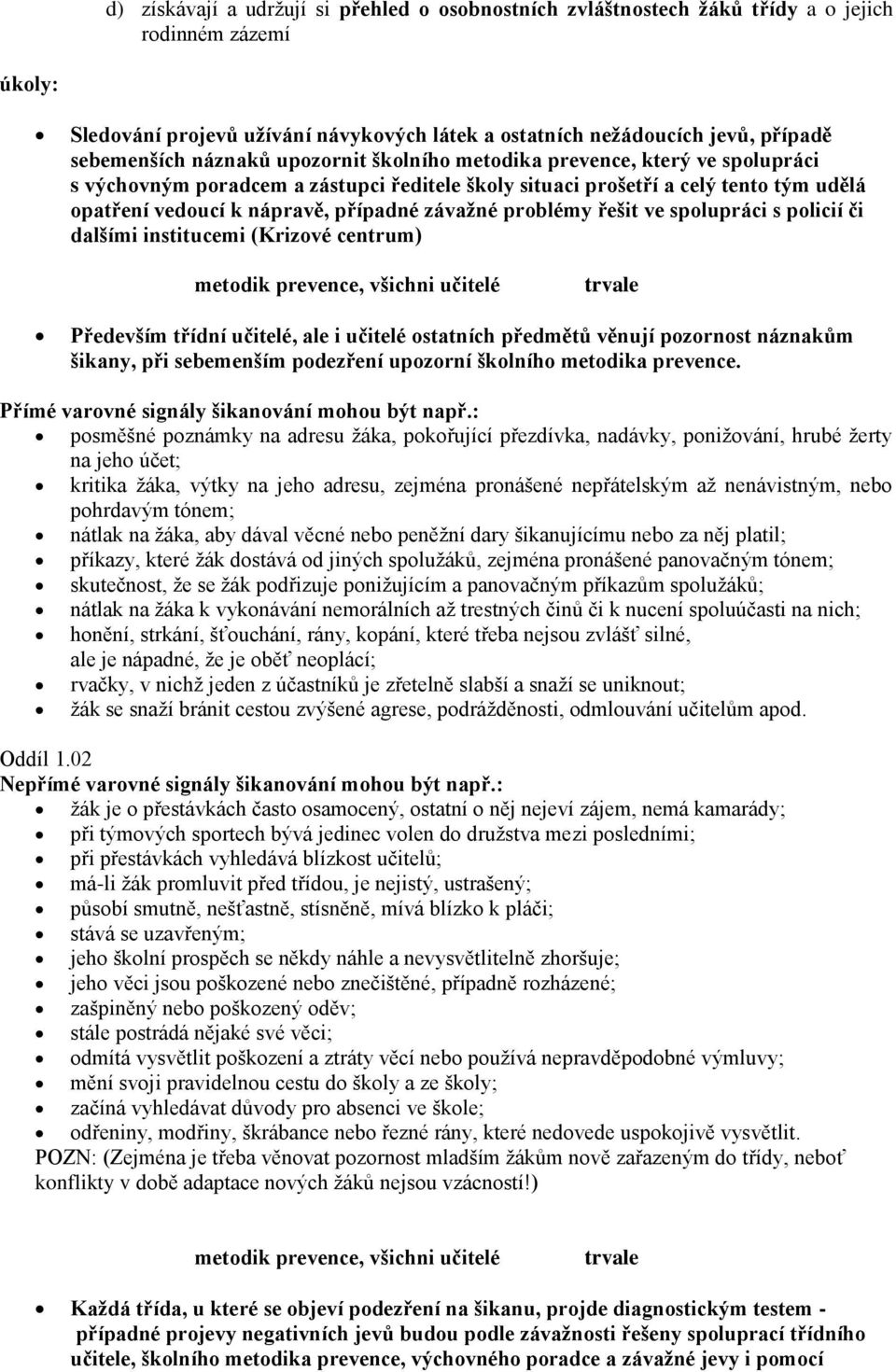 případné závažné problémy řešit ve spolupráci s policií či dalšími institucemi (Krizové centrum) metodik prevence, všichni učitelé trvale Především třídní učitelé, ale i učitelé ostatních předmětů